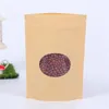 Stå upp Kraft Paper Bags med runda fönster Gul Kraft Pack Storage Torkad mat Frukt Tea Elektroniska Produktpåsar