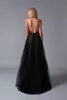 Elegante kralen kant backless avondjurken pure diepe v-hals geappliceerd prom jurken vloer lengte tule formele jurk