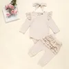 Baby Girl Clothes Infant Girls Flying Sleeve Rompers Ruffle Pants Headband 3pcs Sets Solid Newborn Outfits Boutique Baby Clothing DW4860