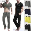 INCERUN Patchwork männer Sets Homewear Kurzarm V-ausschnitt T-shirt Hosen Bodybuilding Workout Männer Anzug Casual Pyjamas Sets s-5XL