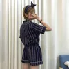 3PCS/Set Women Casual Nightdress Sleepwear Vertical Stripe Short-sleeved Pajamas + Shorts + Hair Band Home Wear Ladies Underwear Y200708