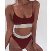 Błyszczące bikini ustawione na pchania stroje kąpielowe w talii kostium kąpielowy Kobiet Strap Pasek Biquini 2020 Solid Beachwear Sexy Bathing Suit59990353