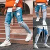 Moda masculina jeans magros motociclista destruído ajuste denim rasgado calças jeans gradiente tornozelo zíper lápis calças hip hop streetwear305q