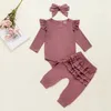 Baby Girl Clothes Infant Girls Flying Sleeve Rompers Ruffle Pants Headband 3pcs Sets Solid Newborn Outfits Boutique Baby Clothing DW4860