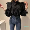 Fashion- White And Black Lace Crochet Runway Tops Women blouses 2020 Fashion Long Sleeve White Ruffles Shirt Blouses camisetas blue