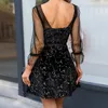 Casual Dresses Women Sexy Dress LBD Sheer Sleeve Designer Retro Elegant Slim Black Mesh Bronzing One Piece Spring and Summer Clothing