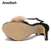 Aneikeh 2020 süße Mode Sandalen Frauen Schuhe Villi Kette Dünne High Heels rund Toed Hochzeitskleid Knöchelschnalle Gurt Schwarz 42 T24738769