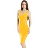 Plus Storlek Enkel Baklösa Scoop Neck Tank Klänning Kvinnor Knee Längd Bodycon Vestido Sommar Glansig PVC Skinny Ärmlös Midi Dress