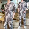 Retro Designer Män 2PCS Tracksuits Kinesisk stil Mode trend Casual Sets Byxor Kort T-shirt Camouflage Summer Ethnic Tang Suit