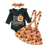 2020 Halloween baby outfits brev pumpa tryckt långärmad romer + suspender kjolar + huvudband 3pcs / set barn kläder uppsättningar