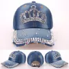 Coreano Moda Rhinestone Bling Crown Caps ajustável lavado Baseball Denim Caps Mulheres chapéus de cowboy extravagantes Verão Headwear das senhoras Sun Visor