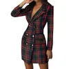2020 New Fall Tailored Coat Women Office Ladies Plaid Red Slim Double Breasted Coat Dress Ladies V Neck Vintage Female