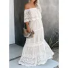 Femmes en dentelle Maxi Robes de l'épaule blanche solide robe longue mode Fashion Summer Flounc