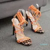 패션 - 사이즈 35 (42) 오렌지 레오파드 패치 워크 끈으로 레이스 업 스틸 레토 뒤꿈치 검투사 샌들 Desigenr 신발 11cm