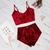 Donna Sexy Pigiama in velluto Set Canotta in pizzo con scollo a V Crop Top Pantaloncini con fiocco 2 pezzi Sleepwear Lingerie Pigiama Set Abbigliamento per il tempo libero femminile LJJP150