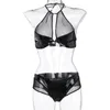 Frau Erotische Dessous Mode Trend Spiel Uniform Luxus Frauen Wäsche Set Designer Weibliche Neue PU Enge Kunstleder Split Unterwäsche