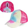 Berretto da baseball a coda di cavallo tie-dyeing Cappelli da chignon disordinati Cappelli da camionista Pony Cappellini da visiera unisex Cappello da papà Maglia estiva Snapback all'aperto