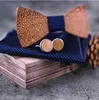 Fashion Hommes Boîte d'arc en bois Bleu Bleu Strip Sculpté Sculpture auto-Bowtie Homme Entreprise Mariage Boutons de manchette Accessoires Gravata Bowknots