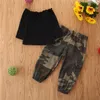 Autumn Fashion Kids Baby Girl Clothes Set Black Long Sleeve Off Shoulder T-shirt Tops+Camouflage Pocket Cargo Pants Outfit 1-6Y