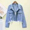 Chaquetas para mujer Chaqueta de mezclilla azul de gran tamaño coreana 2021 Autumn Fringe Rhinestone Recorte Frayed Short Jean Mujer Outerwear