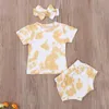 Newborn Baby Girls 3-piece Outfit Set Short Sleeve Tie-dye Print Top+Shorts+Headband Set Children Summer Clothing