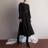 Galcaur koreanska svarta klänningar kvinnlig hög midja lykta långärmad bandage midi klänning för kvinnor höst mode ny t200320