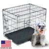 Gaiola de transportadora de fio de metal firme para animais de estimação Cão de gato de porta dupla com divisor e bandeja de plástico preto (PTCG01-24)