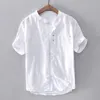 Baumwolle Leinen Hemd Männer Solide Kurzarm Casual Schlank Taste Unten Qualität Mandarin Herren Hemden Camisa Masculina