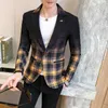 멋진 격자 무늬 그라디언트 블레이저 남자 옐로우 레드 웨딩 드레스 2022 슬림 피트 싱글 버튼 패션 정장 재킷