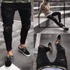 Erkekler kot serin tasarımcı markası siyah jean sıska yırtık yıkılmış streç ince fit hip hop pantolon erkekler için delikli