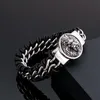 Mens hip-hop smycken 110g Vikt rostfritt stål med svart läder lejon / varg armband bangle 19mm bred 9 tum