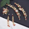 Gyllene imitation Pearl Rhinestone Butterfly Formar Hårprydnad Huvudbonad Tassel Set for Bridal Wedding Present