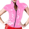 12 Colors PVC Short Sleeve Slim Top Women Bodycon Zipper Front Top Punk Gothic Stand Collar T-shirt Wet Look Club Party Costume
