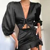 Sexig Deep V Neck Party Dress Kvinnor Satin Lace Up Ruffles Holow Out Ruched Klänning Kvinna Vestido Eleganta Slim Mini Dresses