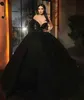 Black Puffy Ball Gown Dresses Off Shoulder Long Sleeve Beading Lace Appliques Prom Dress Illusion Tulle Quinceanera Gowns