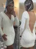 White Short Evening Gowns Pearls Beaded V Neck Sheer Back Prom Dresses Lace Long Sleeves Mini Cocktail Party Dress