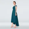 Delicate Midnight Blue Chiffon High Low Mother of the Bride Dresses Cap Sleeves Beading V Neckline Wedding Party Gowns Back Out