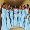 2020 Sky Blue Satin Bruidsmeisje Jurken Lange Verschillende Stijl Mermaid Maid of Honour Jurken Beaded Wedding Party Jurken Vestidos de Novia