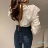 Fashion- White And Black Lace Crochet Runway Tops Women blouses 2020 Fashion Long Sleeve White Ruffles Shirt Blouses camisetas blue