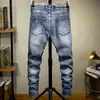 Mäns jeans sokotoo bokstäver mönster tryckt denim mode smal passform blå stretch avsmalnande penna pants1