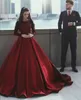 Elegant Dark Red Prom Dresses Jewel Neck Long Sleeve Satin Lace Appliques Evening Dress Formal Party Gowns robes de mariée