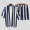 Inderun męskie zestawy w paski w paski zwykłe kardigan bluzki z krótkim rękawem swobodne spodenki Siuts Summer luźne oddychające 2 sztuki S-5xl203l