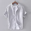 Katoen Linnen Shirt Heren Effen Korte Mouw Casual Slim Button Down Kwaliteit Mandarijn Heren Overhemden Camisa Masculina