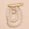 Women Rhinestone Number Brooch Pearl Tassel Chain Brooch Suit Lapel Pin Fashion Jewelry Accessories for Gift Party