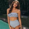 Seksi Retro Mavi Beyaz Çizgili Bandeau Yüksek Bel Bikini Bayan Mayo Kadınlar Mayo Kadın Fırfır Dantelli Yüzmek Mayo T200114