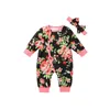 Kinderkleding Meisjes Bloemen Jumpsuits Baby's Button Lange Mouw Romper + Pasgeboren Hoofdbanden 2 stks / sets Boutique Toddlers Kleding Sets M2410