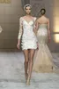 Liten vit klänning Korta bröllopsklänningar i hel spets med långärmad illusionsrygg Lyxig 3D-blommig sommar strandbrudklänning