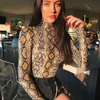 Brand New Snakesskin Tryckt Turtleneck Skinny Bodysuits Kvinnor 2018 Fall Vinter Långärmad Bodycon Öppna Crotch Sheer Bodysuit