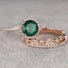 Nova qualidade de alta qualidade 3 pçs / set de pedra verde anéis de noivado de cristal para mulheres Rose Gold Zircon vintage casamento nupcial anel jóias