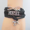 Moda infinito amor cavalo pulseira charme pulseiras charme handmade couro pulseira preta cavalos presente